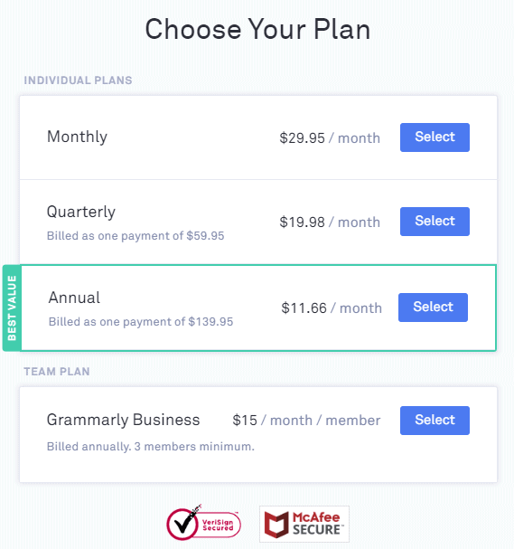 Choose grammarly plan